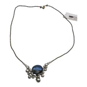 Robin Goodfellow Design Pearl Cluster Blue Center Rhinestone Beaded Necklace New